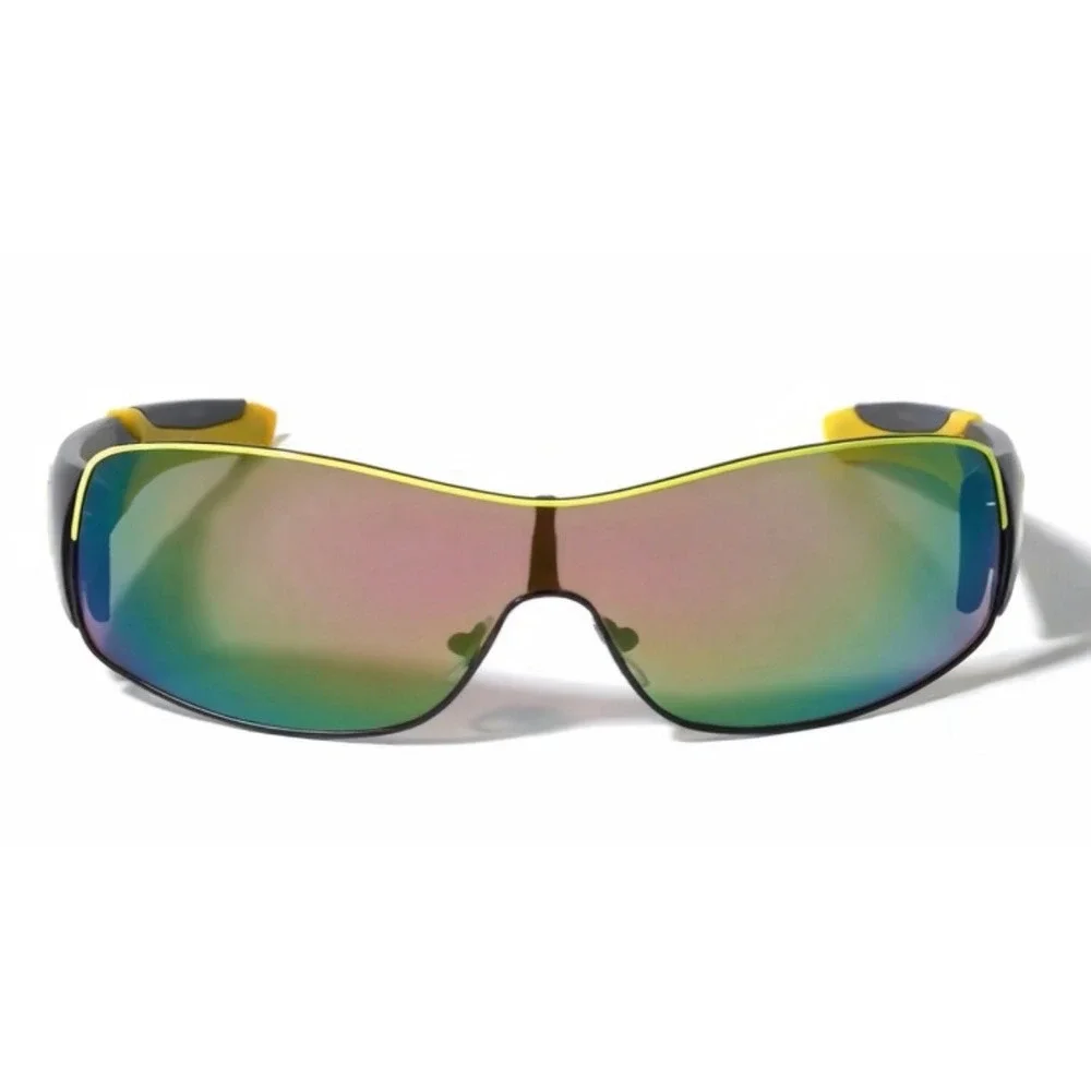 Black and Yellow Shield Sunglasses Mirrored Lens Sporty Racing Wrap Frames Gafas